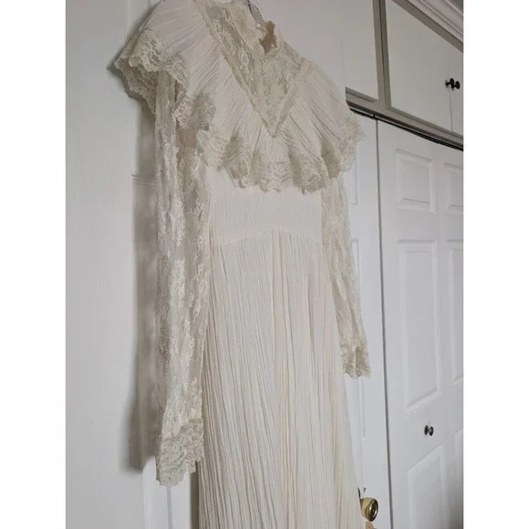 VTG 70s Prairie Maxi Dress Ivory Lace Victorian Revival S Boho Cottagecore Bride - Picture 6 of 16